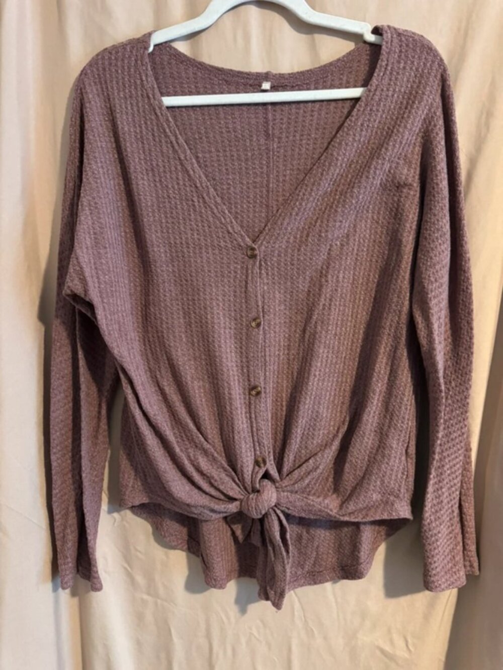 Mauve Waffle Knit Tie-Front Long Sleeve Top – Medium
